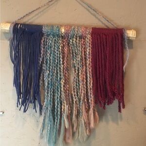 Boho Yarn Tapestry Bamboo Wall Hanging Blue Burgandy Rainbow Hand Crafted